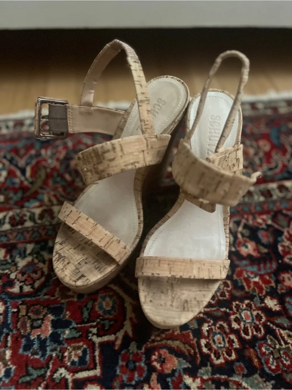 SCHUTZ Eduarda Cork Wedge Platform Sandals in Natural Tan